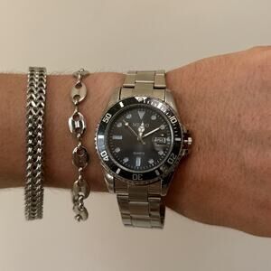 Y2K Silver Black Diver Style Quartz Watch with Date Unisex 8.5" New